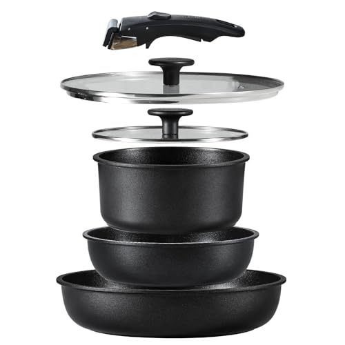 CAROTE カローテ フライパン 鍋 セット IH&ガス火対応 6点 PFOAなどの有害物質不使用 プロ仕様 5層構造 チタンコート 軽量 取っ手のとれる 洗練されデザイン コンパクト収納 1人暮らしセット 新生活セット 取っ手のとれる こびりつかずに お手入れ簡単 黒 ブラック