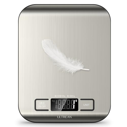 Ultrean キッチンスケール 5kg デジタル はかり 表面防水 1g単位 LCD ディスプレイ 電子 測り 計量器 料理 調理 お菓子作り 薄い 風袋引き機能（電池付属）