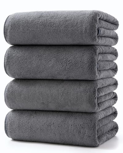 Lumimi バスタオル ふわふわ ホテル仕様 大判 瞬間吸水 70*140cm 4枚セット マイクロファイバー グレー 強い吸水速乾 肌触り