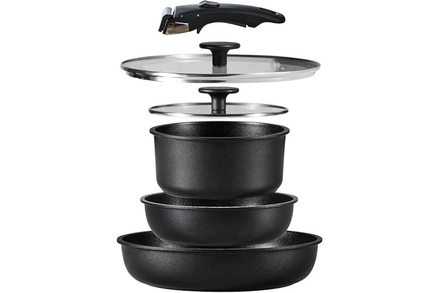 CAROTE カローテ フライパン 鍋 セット IH&ガス火対応 6点 PFOAなどの有害物質不使用 プロ仕様 5層構造 チタンコート 軽量 取っ手のとれる 洗練されデザイン コンパクト収納 1人暮らしセット 新生活セット 取っ手のとれる こびりつかずに お手入れ簡単 黒 ブラック