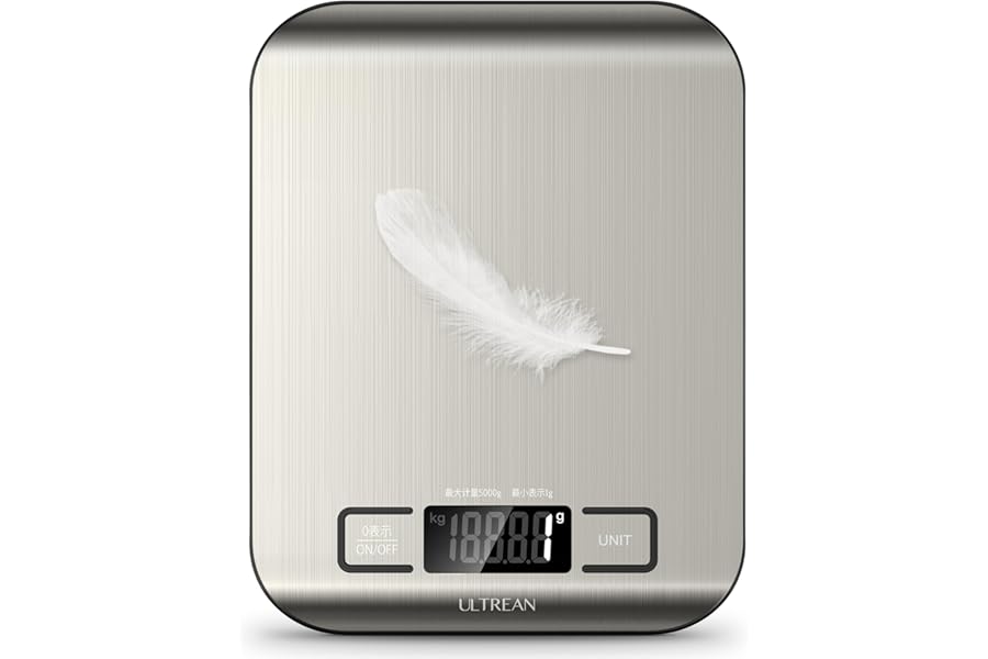 Ultrean キッチンスケール 5kg デジタル はかり 表面防水 1g単位 LCD ディスプレイ 電子 測り 計量器 料理 調理 お菓子作り 薄い 風袋引き機能（電池付属）