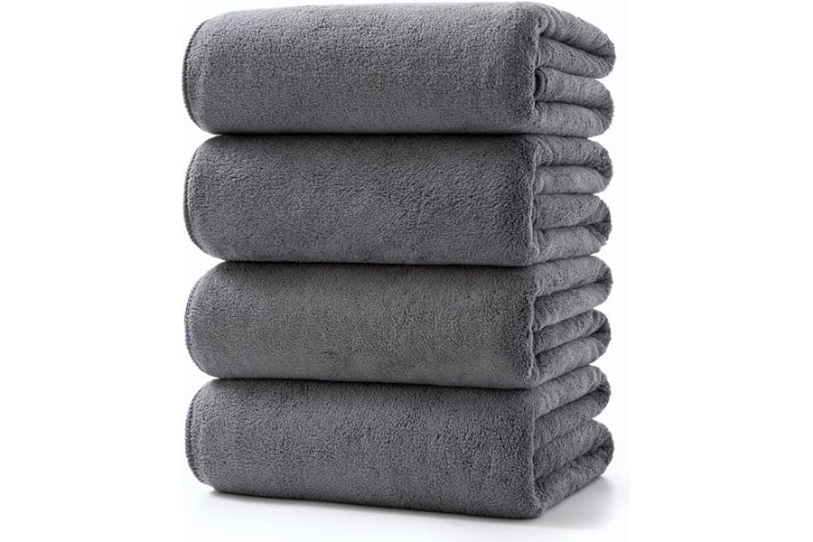 Lumimi バスタオル ふわふわ ホテル仕様 大判 瞬間吸水 70*140cm 4枚セット マイクロファイバー グレー 強い吸水速乾 肌触り